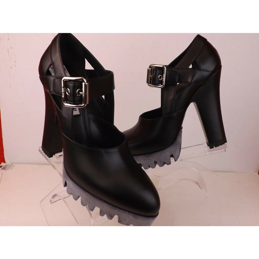 NIB MIU MIU PRADA 5IP454 BLACK LEATHER BELTED LUG SOLE PUMPS SANDALS 40 - Picture 7 of 9